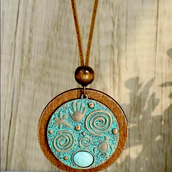 NEW Turquoise Bronzed Spiral Pendant Suede Necklace Life Circle Turtle WIsdom - Picture 7 of 13